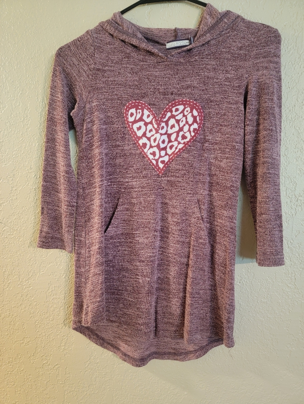 Girls' Marled Mauve Hoodie Tunic with Heart Graphic